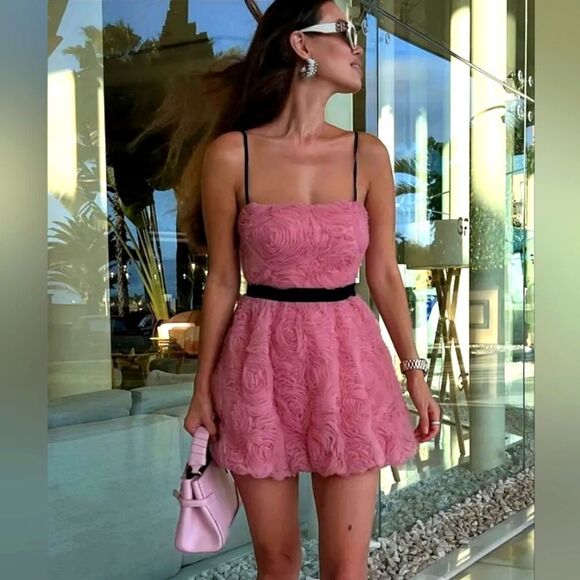 NWT ZARA Benla STRUCTURED FLORAL MINI DRESS Pink Applique - Picture 1 of 17